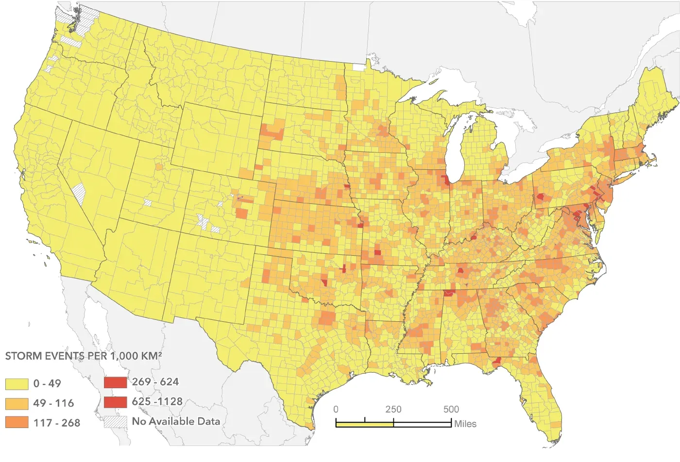 Choropleth map showing severe convective storm events per 1,000 square kilometres across the contiguous United States.