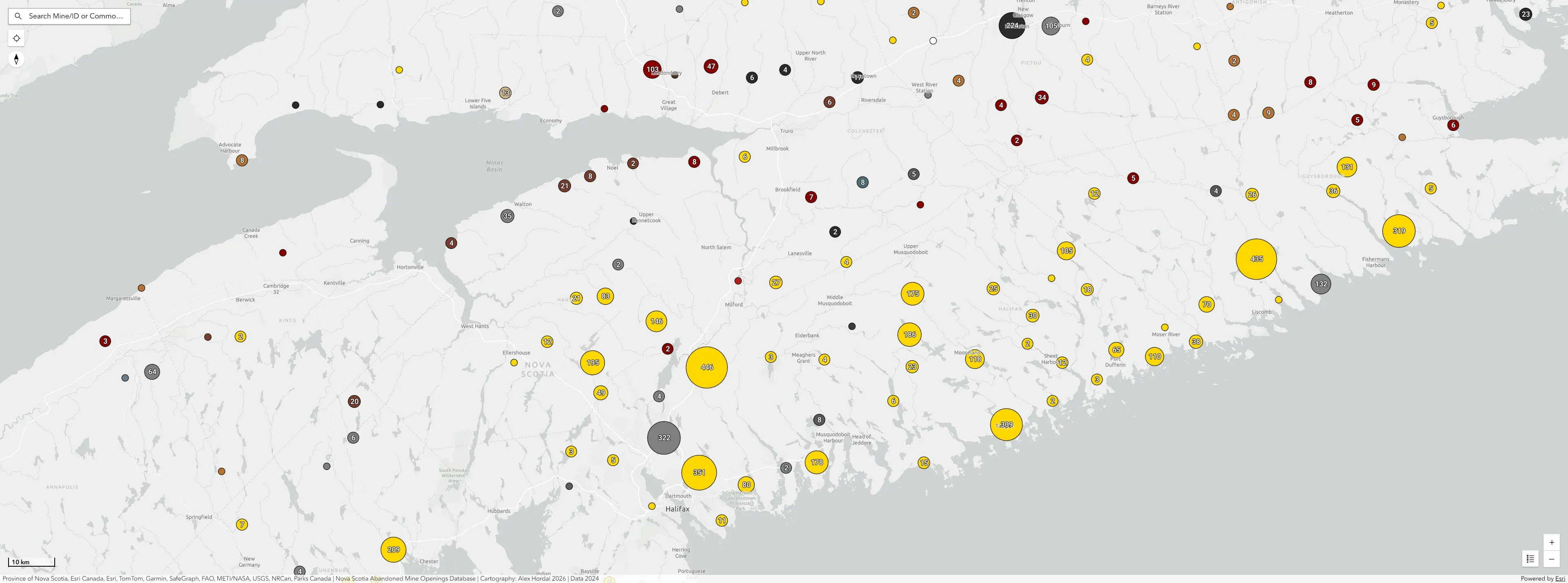 Marker clustering generalizes thousands of abandoned mine openings into proportionally sized symbols based on dominant commodity type