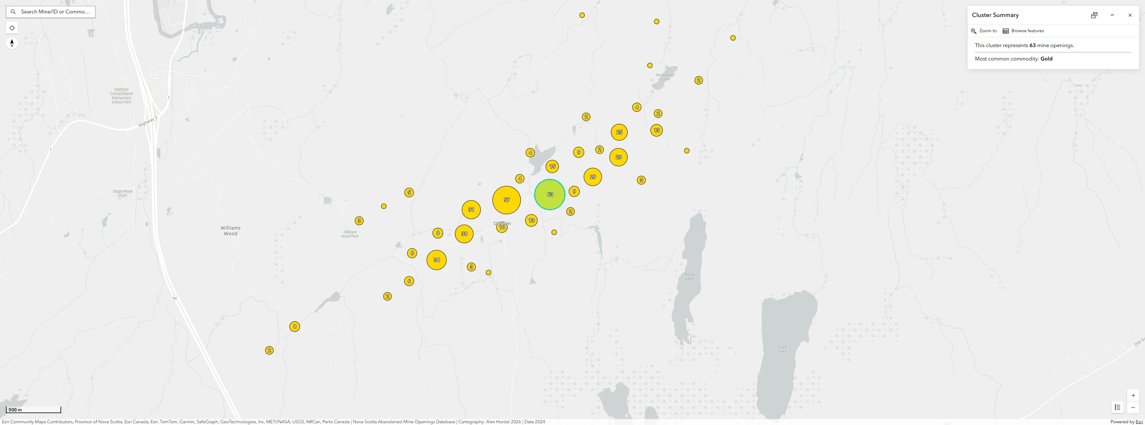 Cluster popup interface summarizing grouped mine openings and dominant commodity distribution