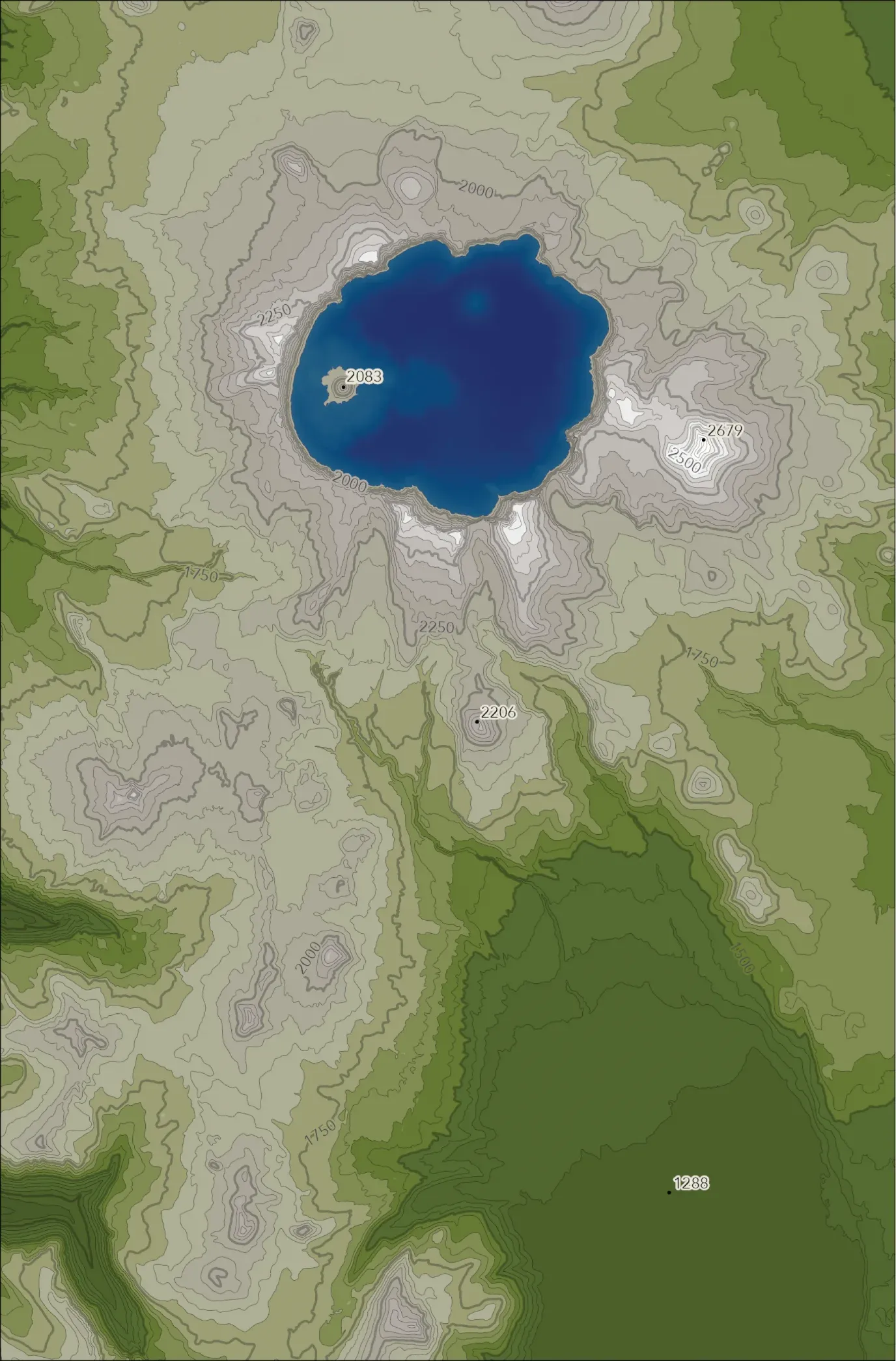 Hypsometric relief map of Crater Lake, Oregon combining terrestrial and bathymetric elevation data with contours, spot heights, and elevation tinting