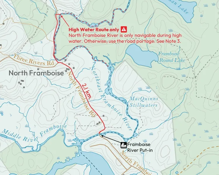 Detailed section of the Fourchu Coast paddling map showing inland
waterways, route connections, warning labels and surrounding terrain.