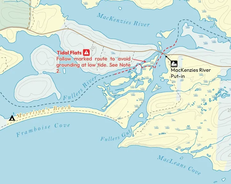 Detailed section of the Fourchu Coast paddling map showing coastal terrain, shoreline features, and route information.