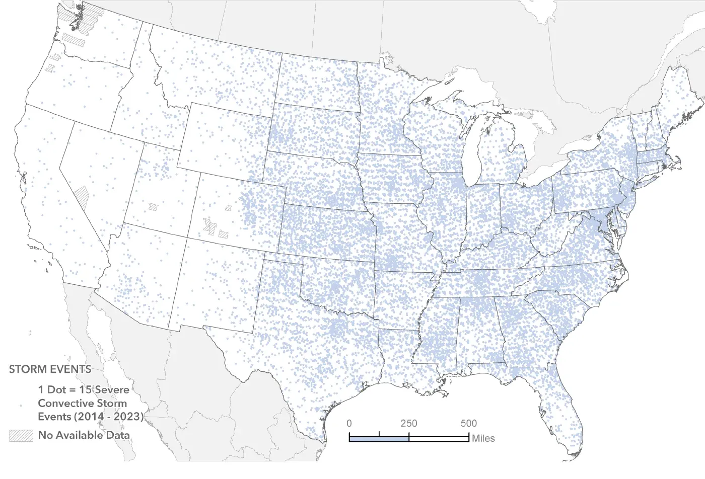 Dot density map showing the spatial distribution of severe convective storm events across the contiguous United States between 2014 and 2023.