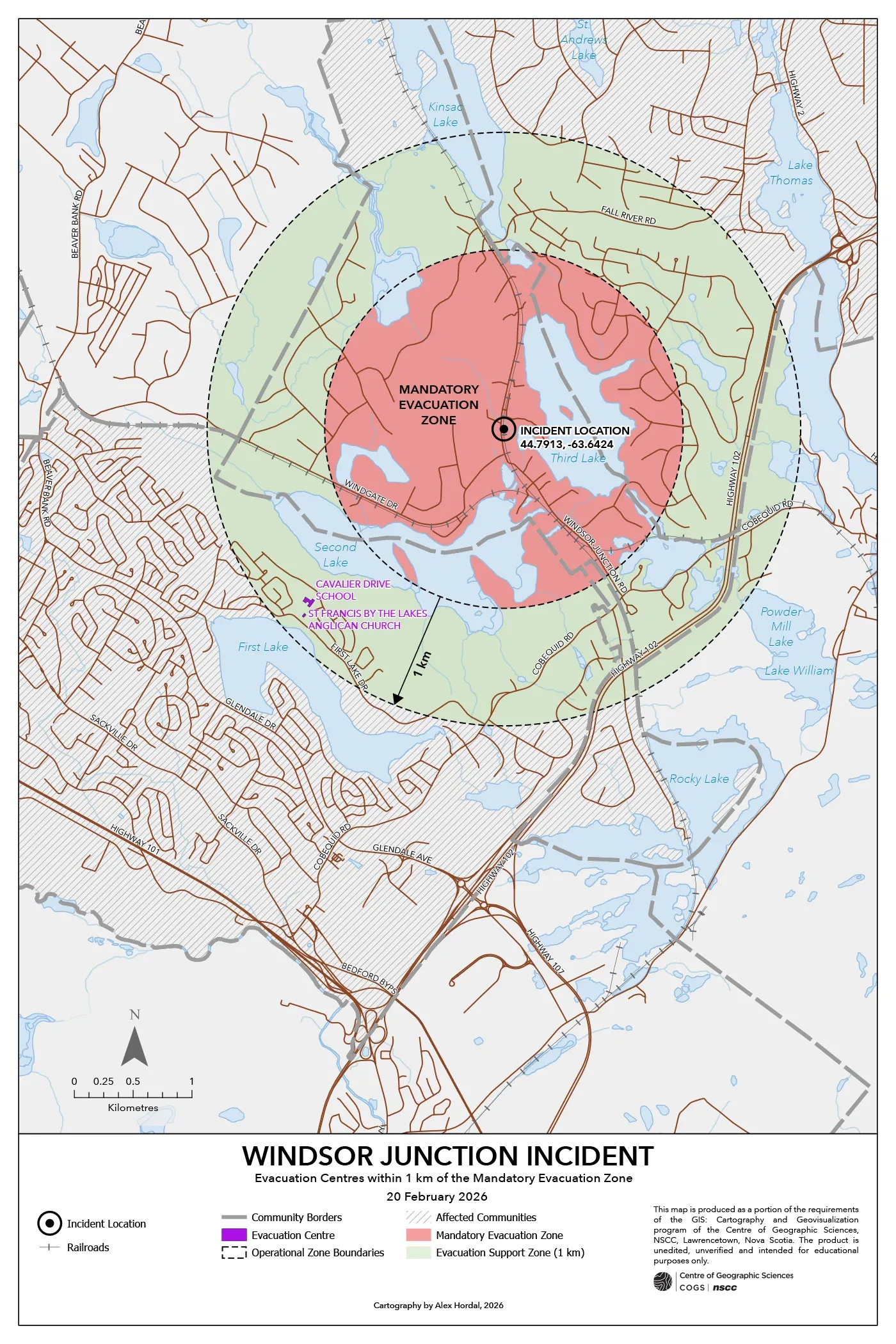 Network-based routing analysis showing the three closest evacuation centres relative to the incident location, and within a 1km buffer of the danger area.