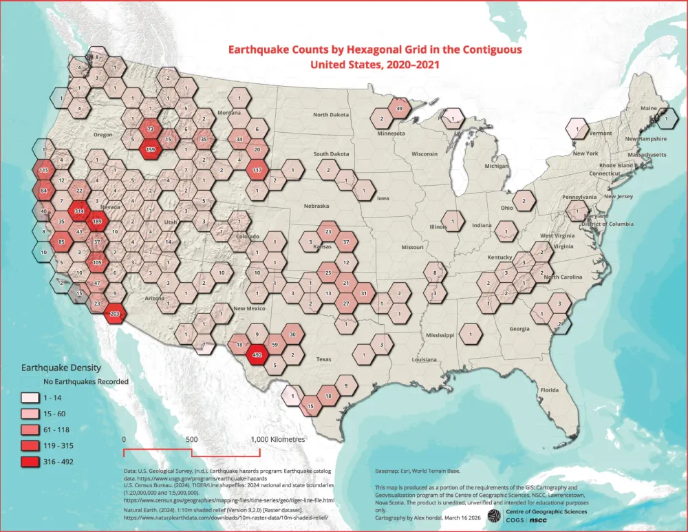 Earthquake Counts by Hexagonal Grid in the Contiguous United States (2020–2021).