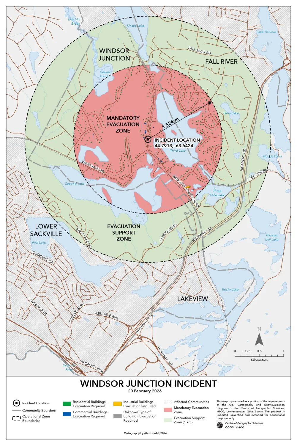 Mandatory evacuation and support buffer zones surrounding a fictional train derailment incident in Windsor Junction, HRM.