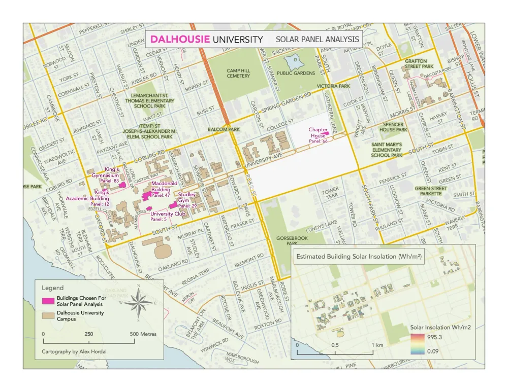 Estimated rooftop solar insolation across selected Dalhousie University buildings, derived from LiDAR-based elevation modelling and spatial solar radiation analysis in ArcGIS Pro.