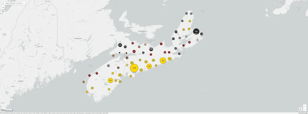 Main user interface of the Nova Scotia Abandoned Mine Openings web mapping application