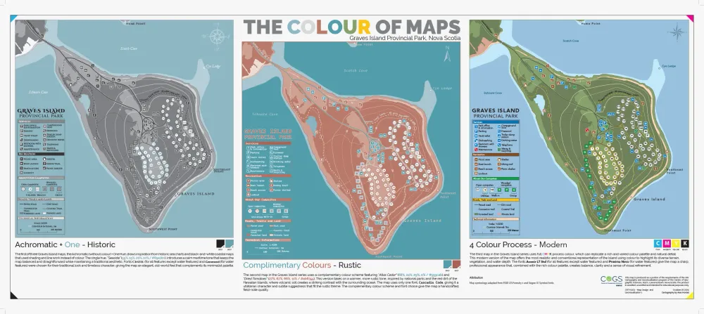 Three themed versions of the same park map, exploring how colour, typography, and visual style affect map readability, hierarchy, tone, and user perception.