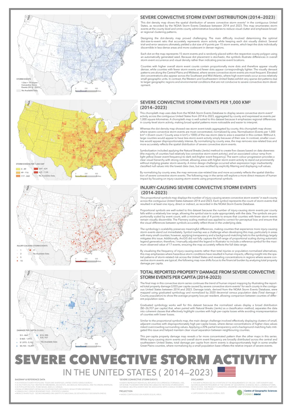 Statistical cartographic poster visualizing severe convective storm frequency, injuries, and economic impacts across the contiguous United States.