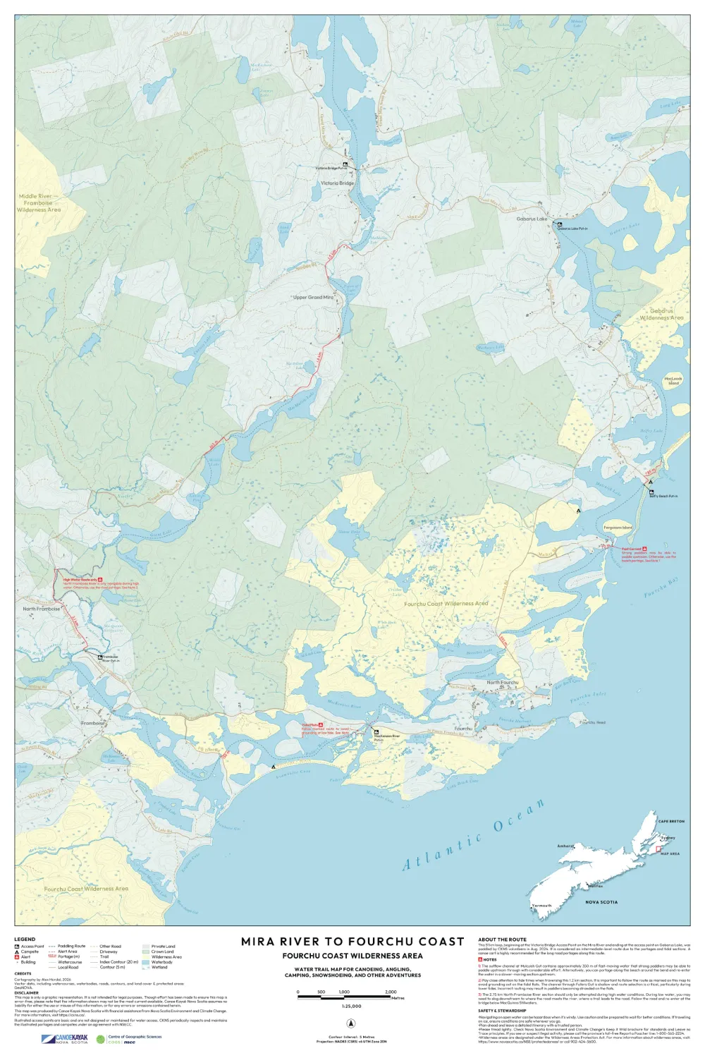 A detailed coastal paddling map highlighting a 51-kilometre wilderness route between the Mira River and Gabarus Lake across the remote eastern coastline of Cape Breton, Nova Scotia.