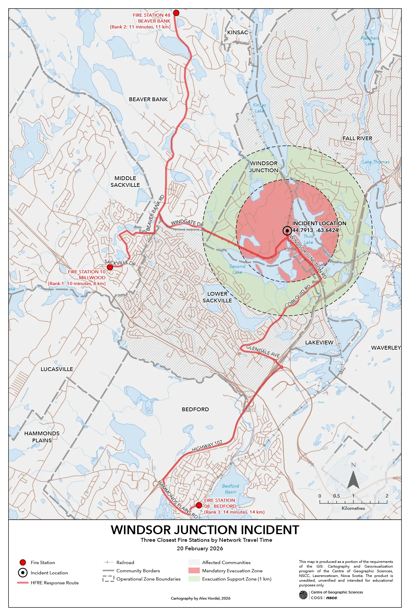 Network-based routing analysis showing the three closest fire stations relative to the incident location.