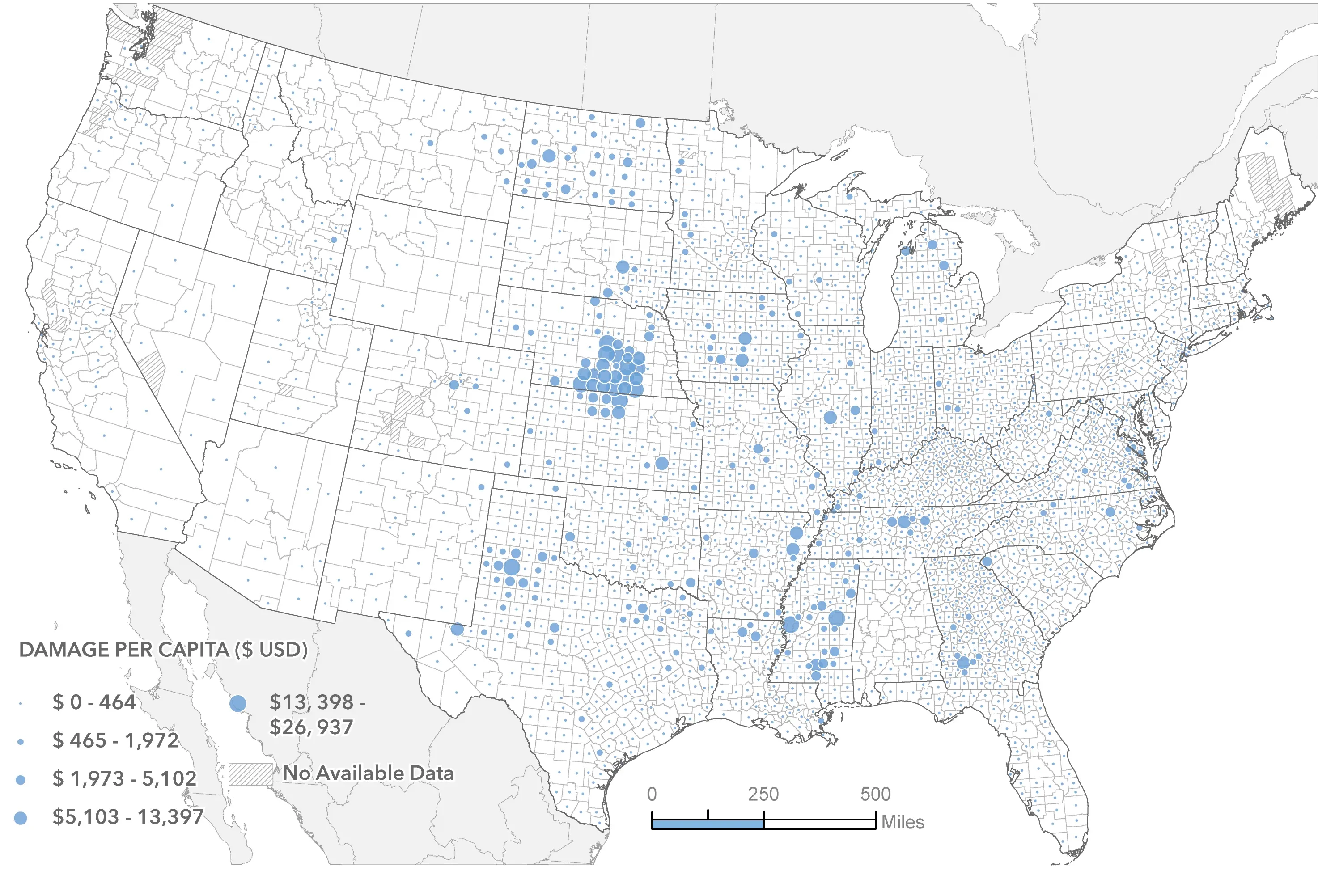 Graduated symbol map showing per-capita severe convective storm damage across the contiguous United States.