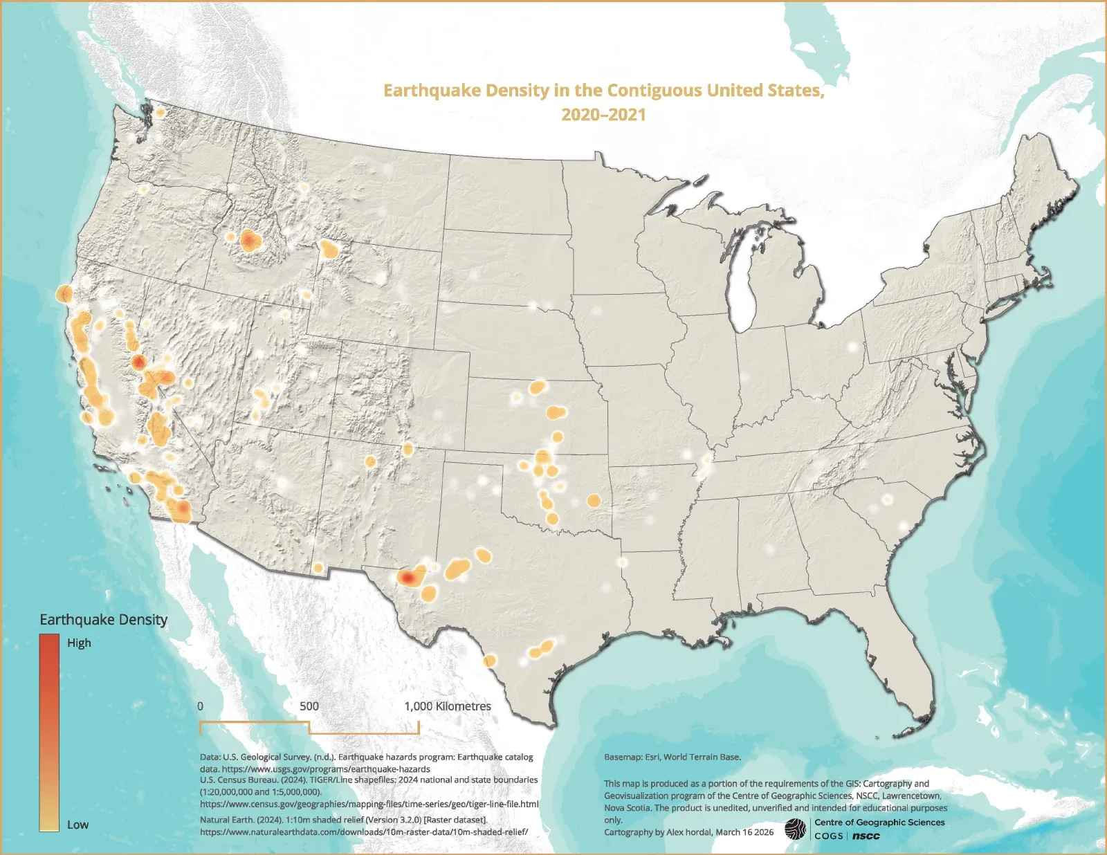 Heatmap visualization illustrating generalized earthquake density across the contiguous United States.