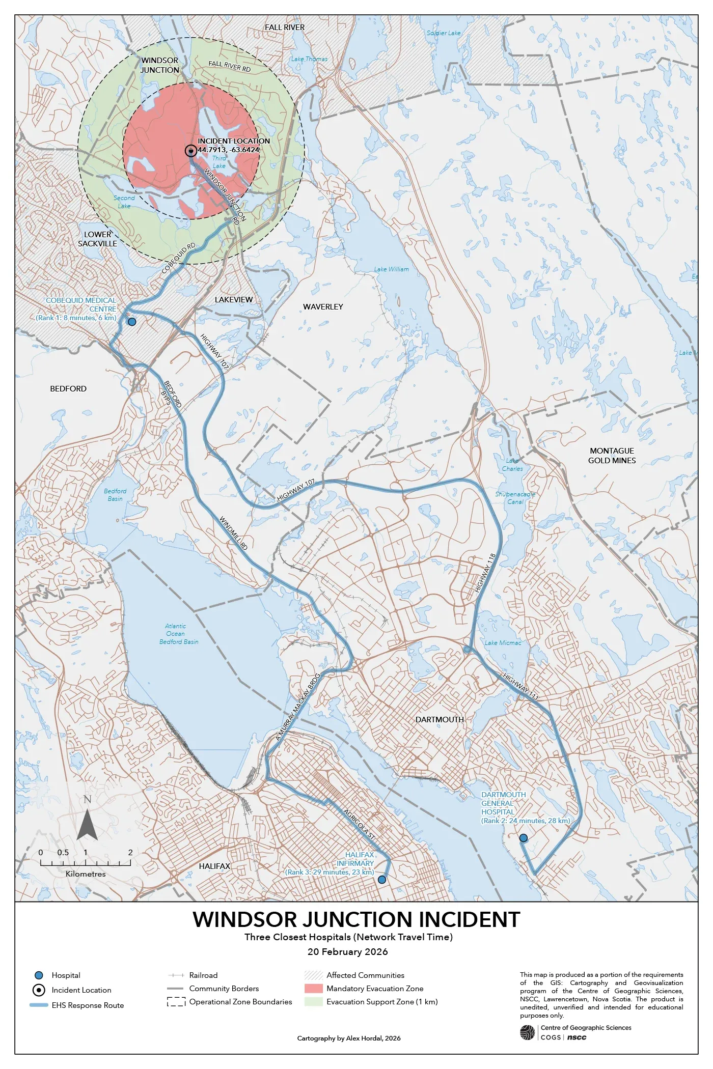 Network-based routing analysis showing the three closest fire hospitals relative to the incident location.