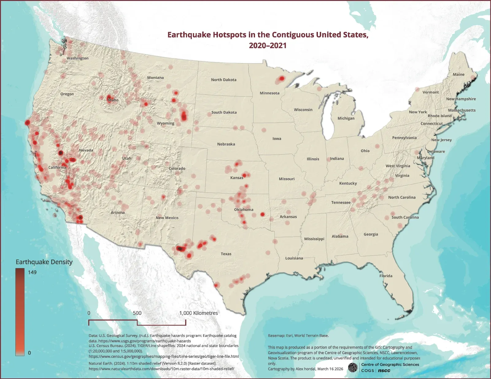 Hotspot visualization illustrating statistically significant clusters of earthquake occurrences across the contiguous United States.