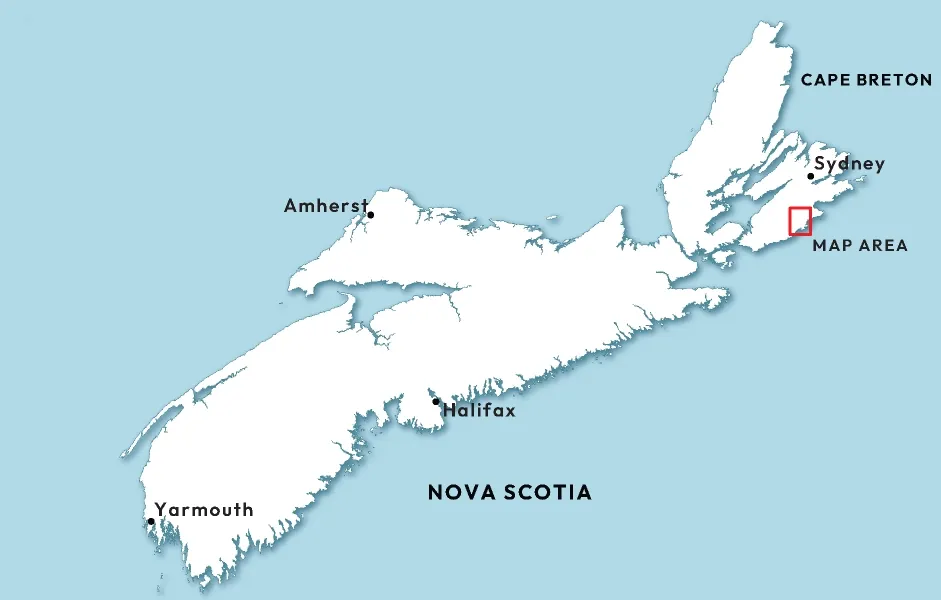 Inset map showing the regional location of the Fourchu Coast Wilderness Area within Nova Scotia.