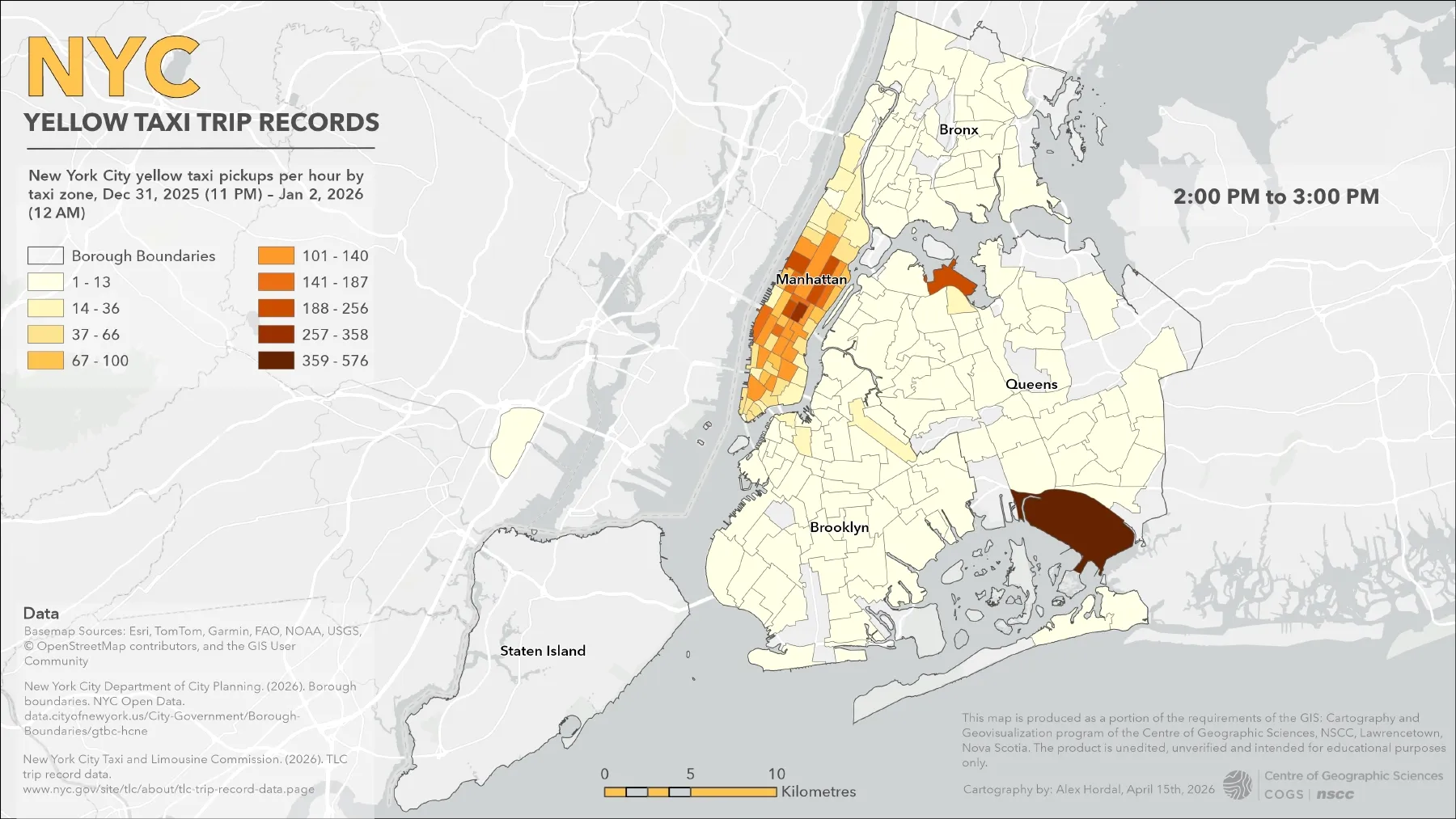 Single frame showing dense taxi pickup volume at John F. Kennedy International Airport (JFK) and LaGuardia Airport (LGA).