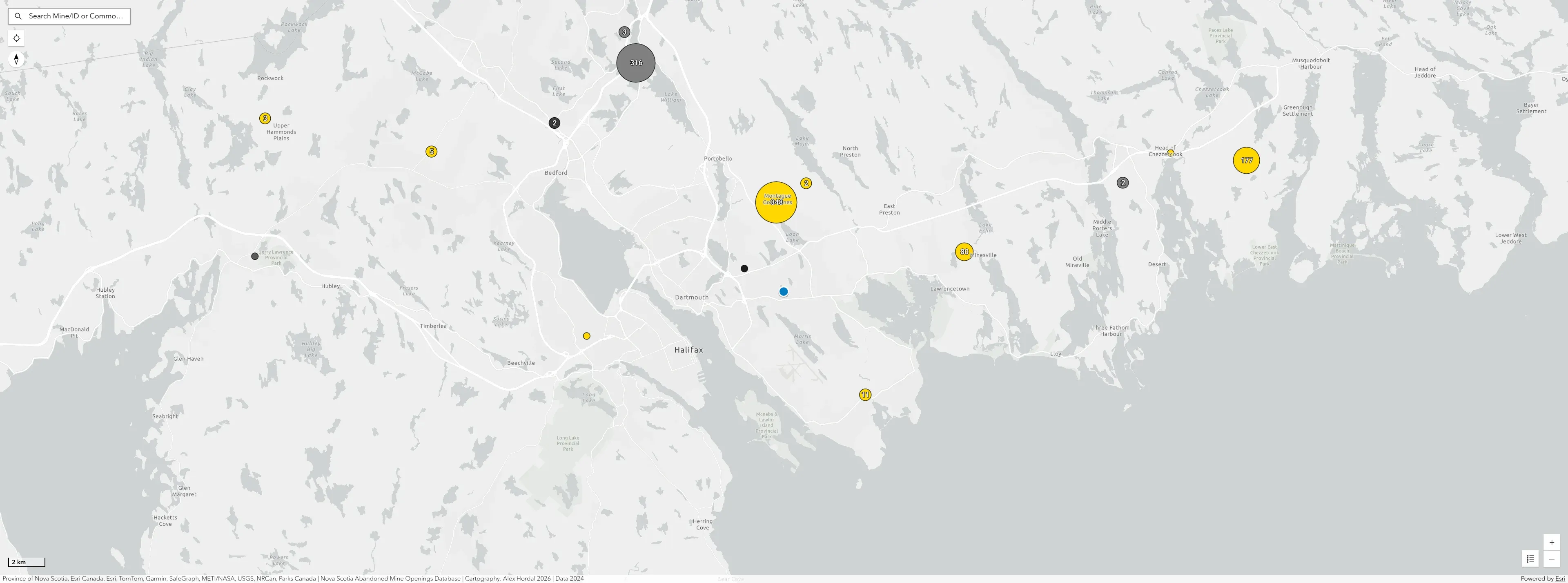 Locate functionality allows users to identify their position relative to abandoned mine openings across Nova Scotia
