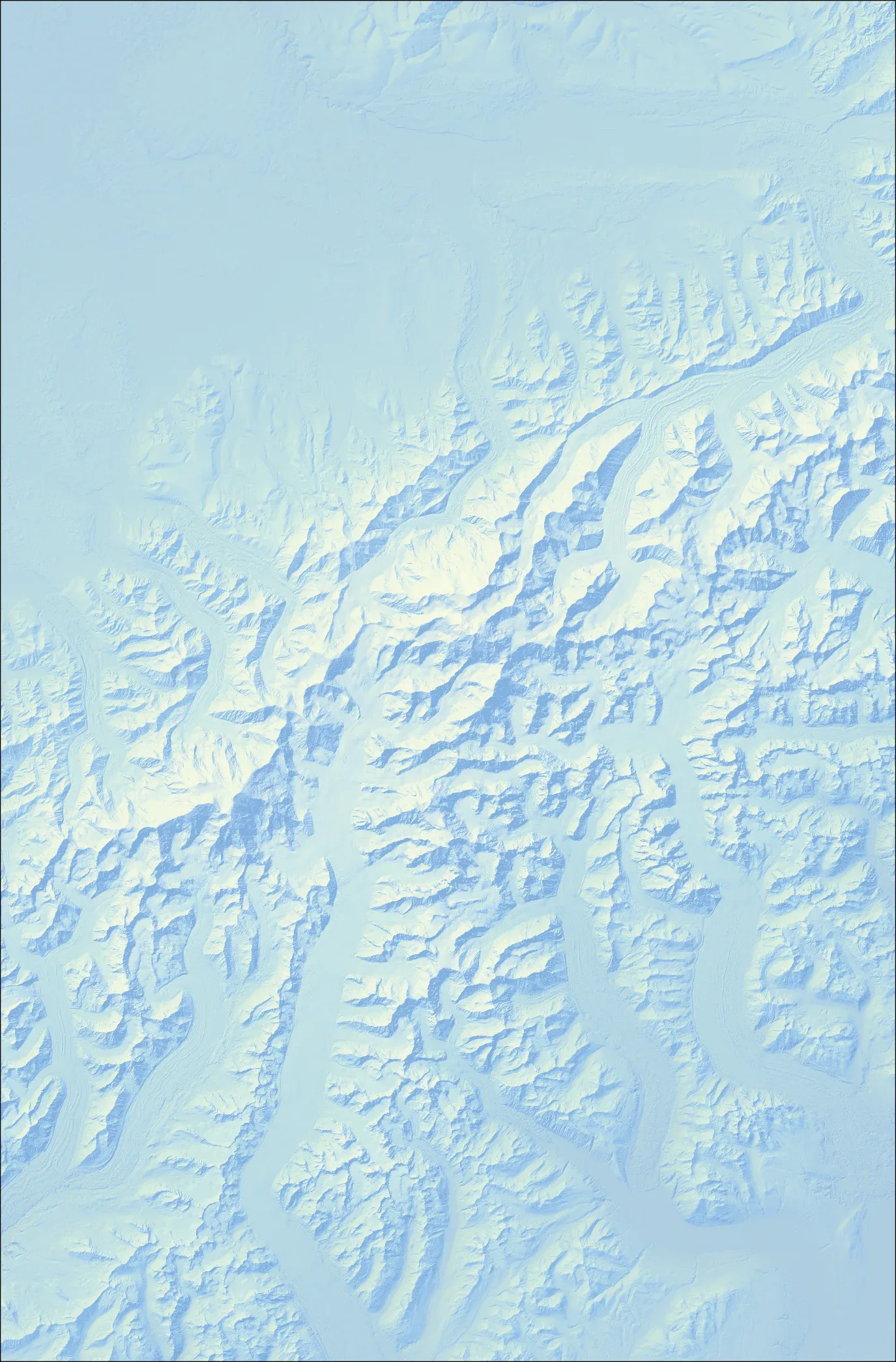 Imhof-style shaded relief map of Denali using blended hillshades, aerial perspective, and terrain generalization techniques