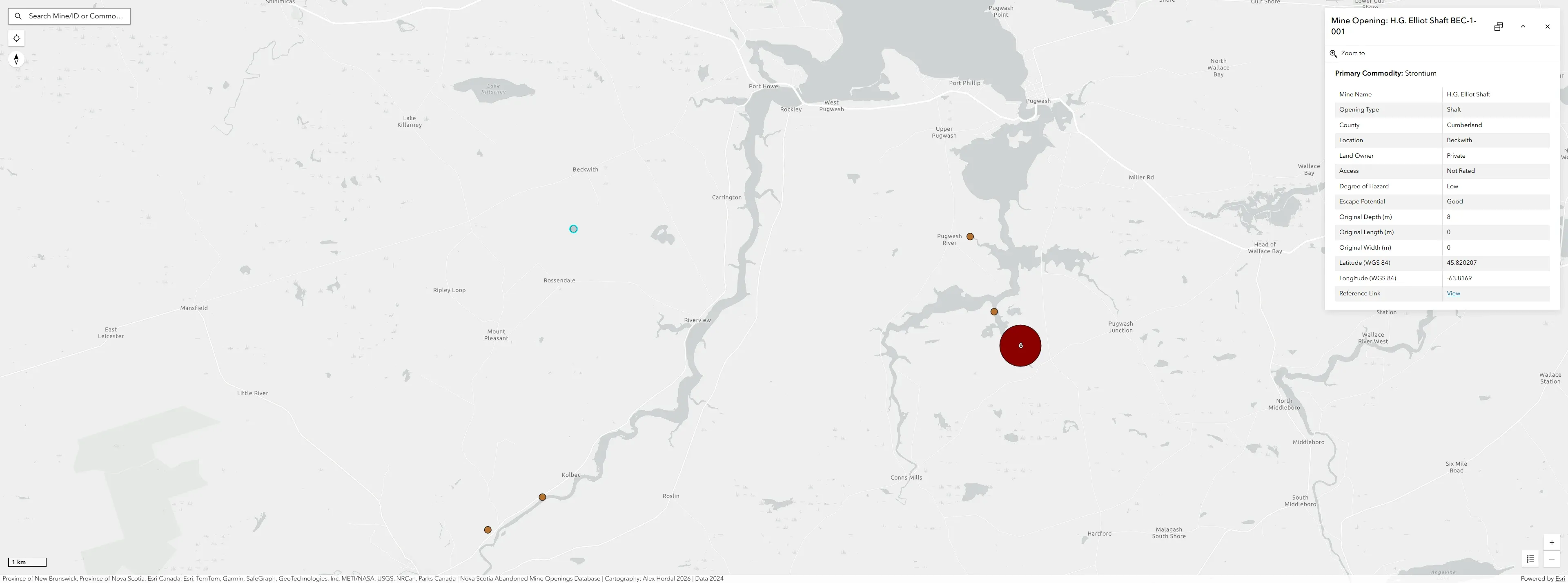 Feature popup displaying detailed mine opening attributes, hazard classifications, and commodity information