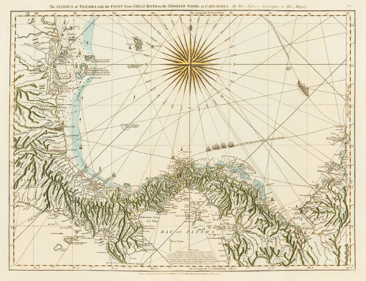 False-colour enhancement of Thomas Jefferys’ historical chart of the Isthmus of Panama created using selective colouring and blending techniques in Adobe Photoshop