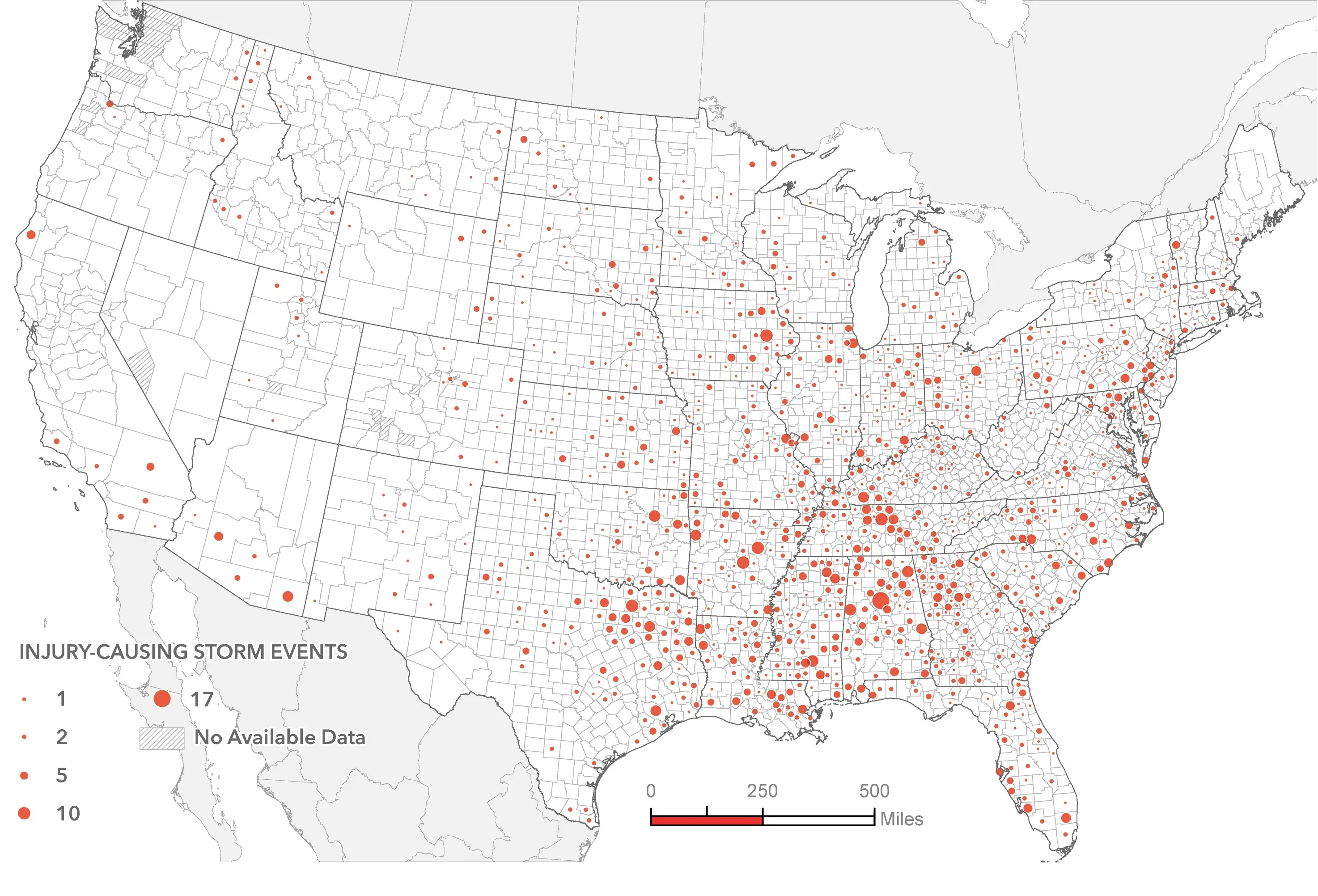 Proportional symbol map showing injury-causing severe convective storm events across the contiguous United States.