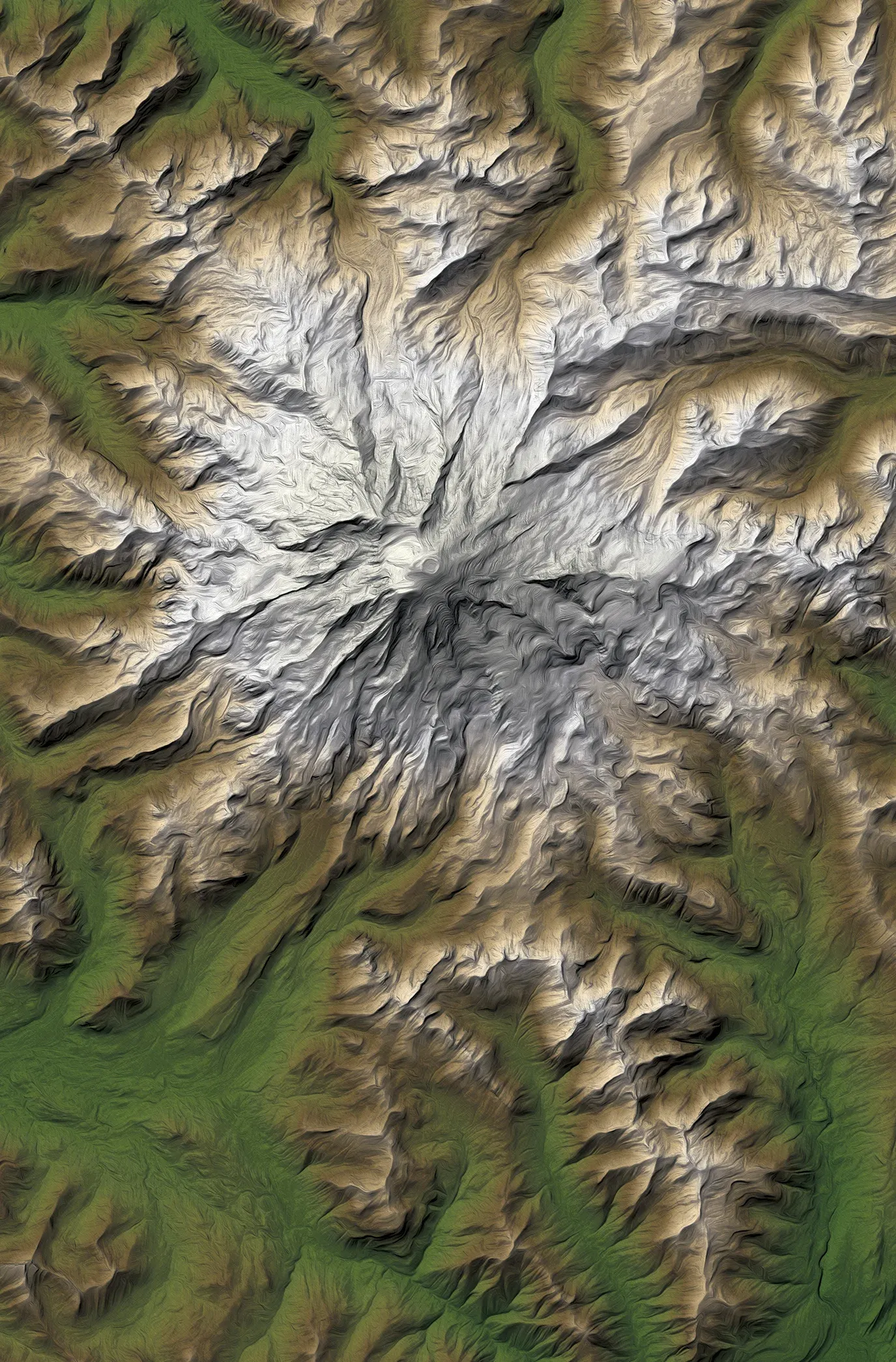Stylized terrain relief of Mount Rainier created using composite hillshading workflows and oil painting effects in Adobe Photoshop