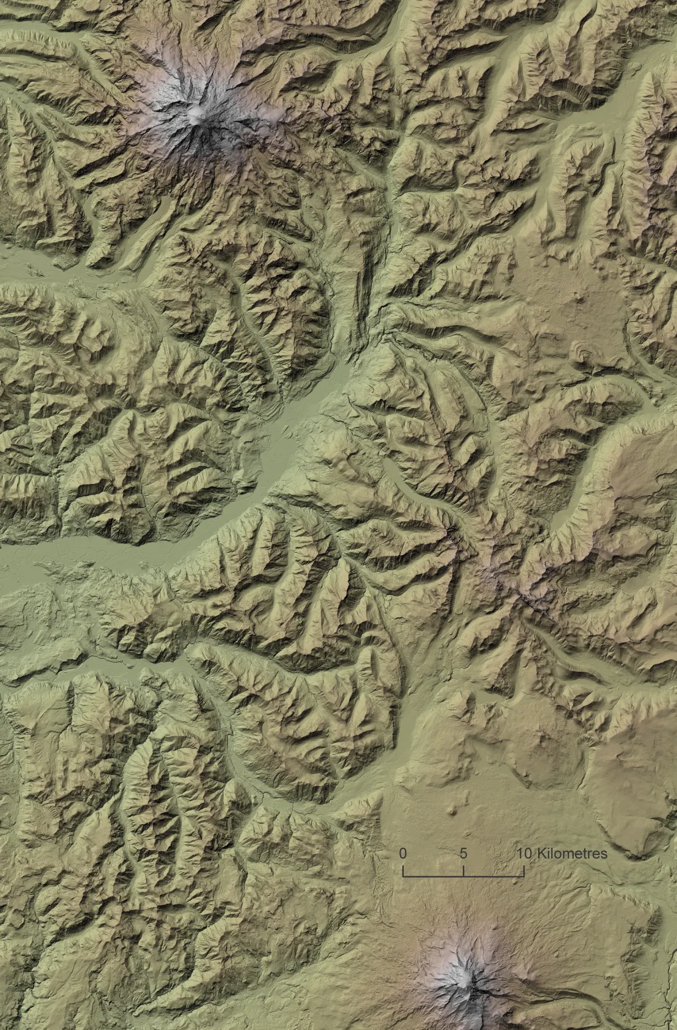 Enhanced hillshade relief of Mount Rainier and Mount Adams created using
blended hillshades, shaded relief, and hypsometric tinting techniques