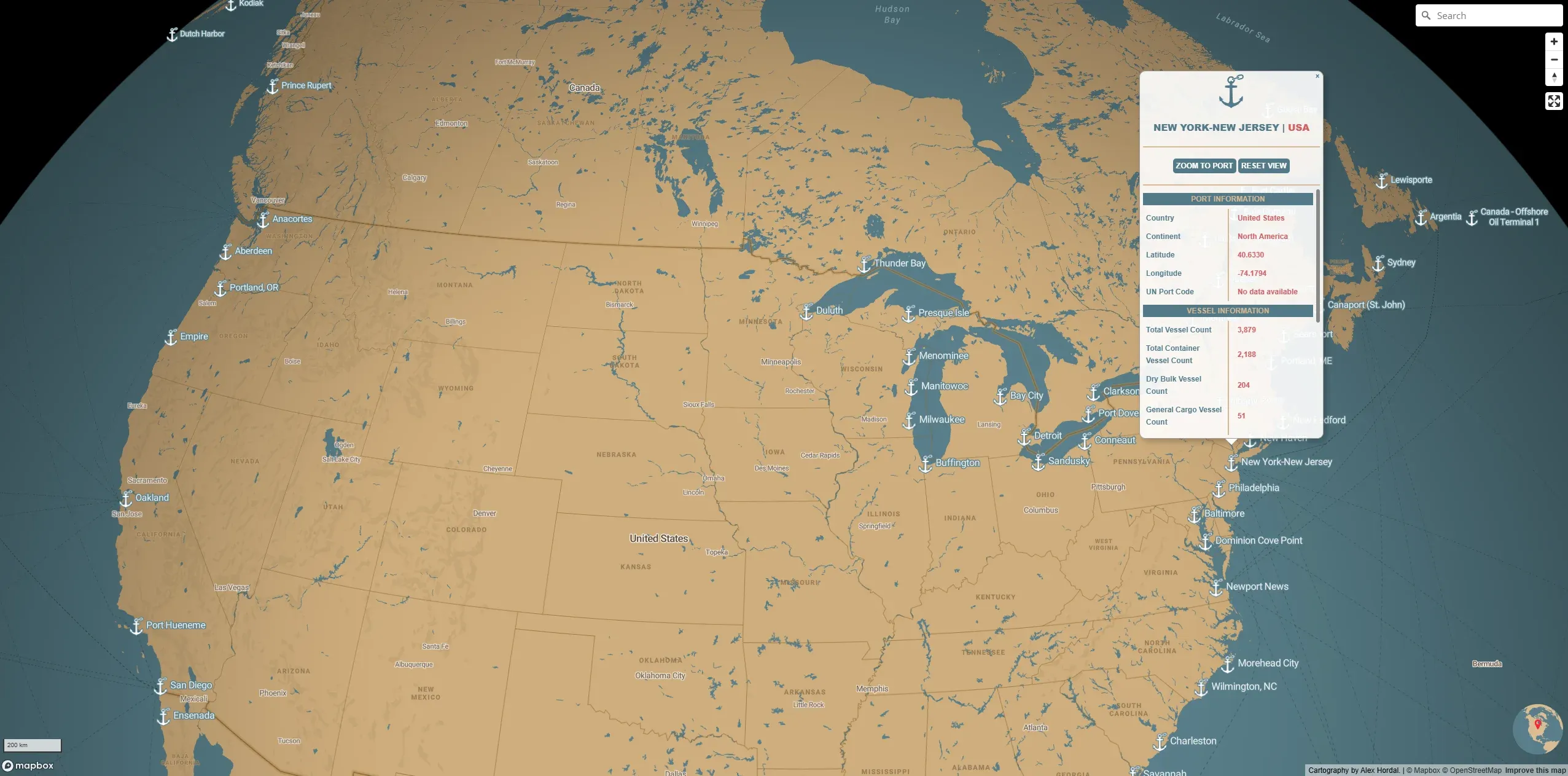 Interactive Mapbox GL JS application visualizing worldwide ports and global shipping routes.