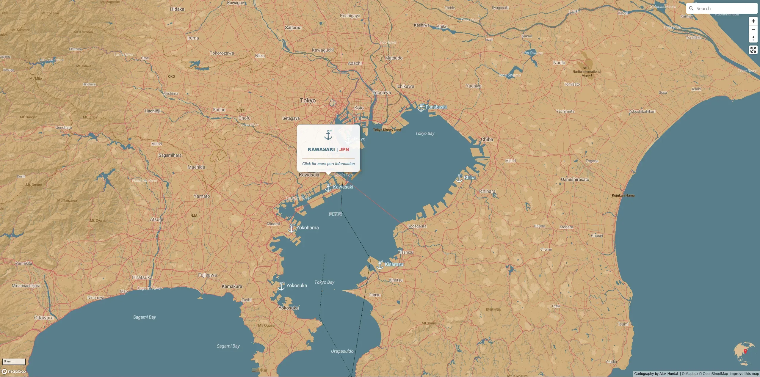 Interactive Mapbox GL JS application visualizing worldwide ports and global shipping routes.